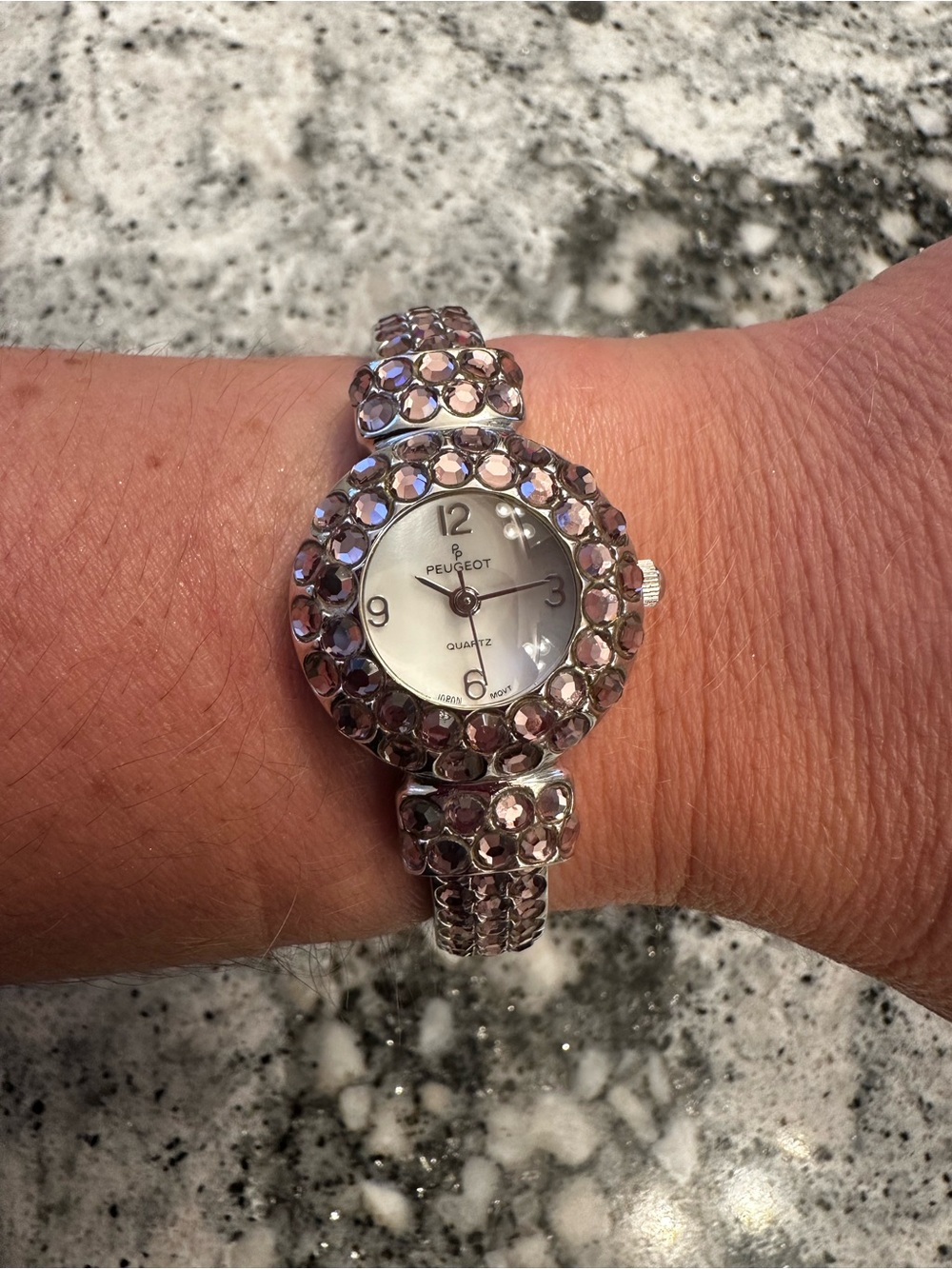 Peugeot Silver-Tone Watch with Pink Crystal Bracelet